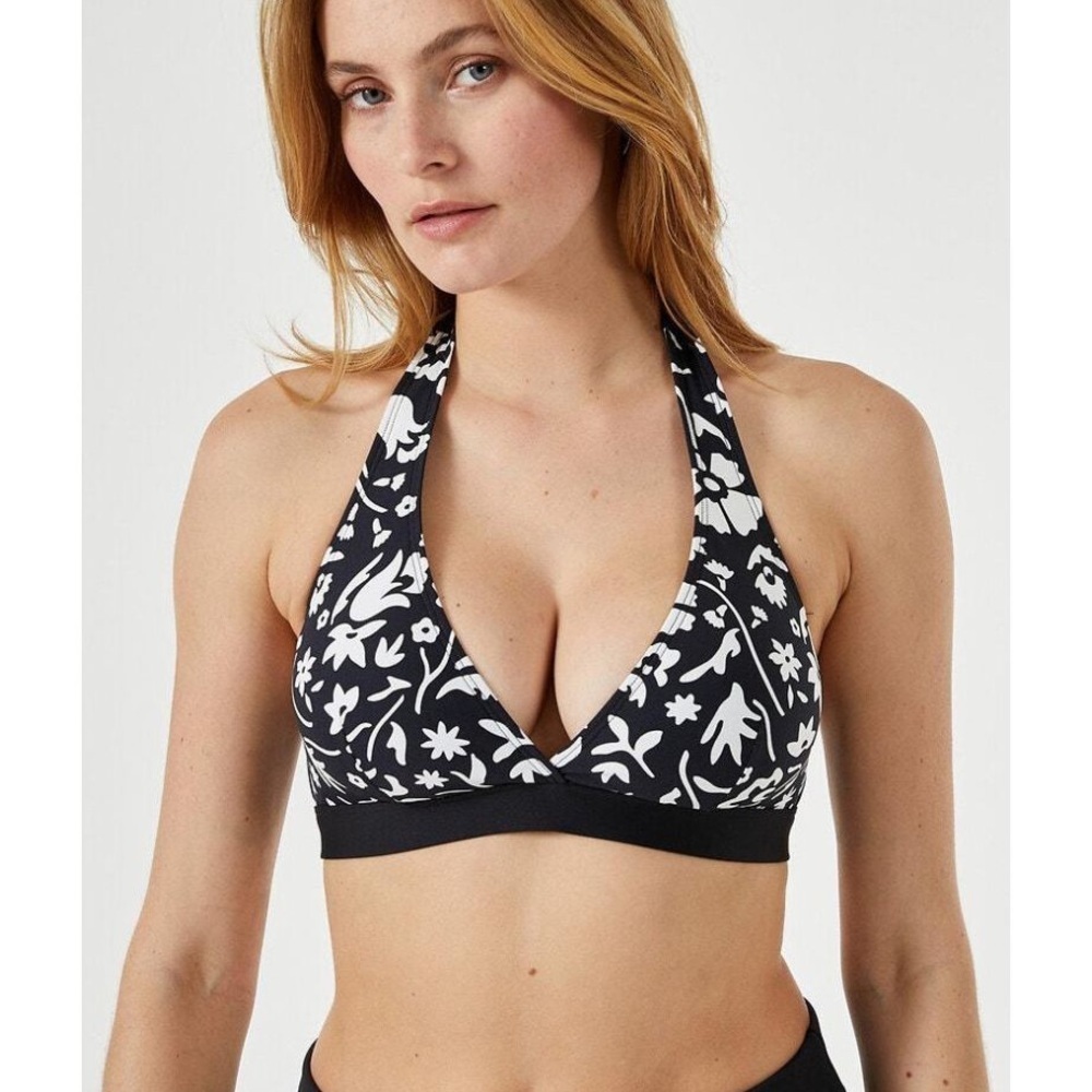 WOMEN’S SIZE 2 (36C/34D/32DD) ATHLETA BLACK/WHITE UNDERWIRE HALTER BIKINI TOP